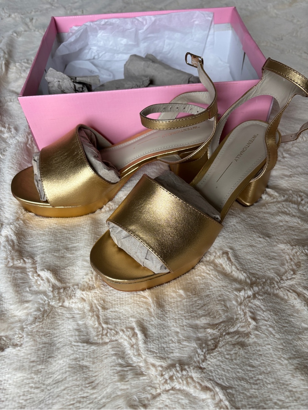 INTENTIONALLY BLANK Metallic Gold Platform Block Heel Sandals - Women